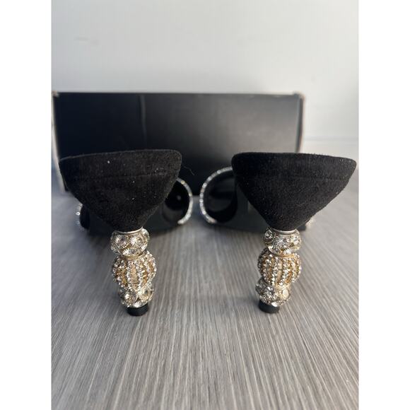 Fashion Nova Black Square Toe suede Mules With Rhinestone Straps And Sphere Heel - Picture 9 of 10